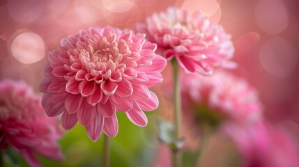  A close-up of a pink flower with a blurry background of soft, scattered light The middle ground features a blurred circle of intensified light