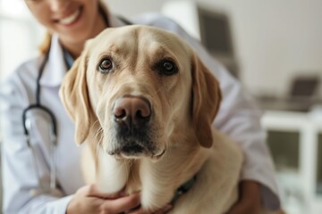 Compassionate female veterinarian in a clinic gently embraces a calm golden retriever, showcasing the bond between pets and healthcare professionals dedicated to animal well-being