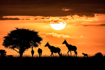 Silhouettes of saigas against the fiery sunset backdrop of the African savannah evoke the beauty and majesty of wildlife in their natural habitat.