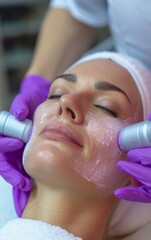 Applying a facial mask to a woman's face at a beauty salon.