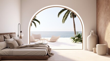 Luxury house on the island. Minimalist bedroom interior of a Mediterranean-style house with access to the sea. Inside view.