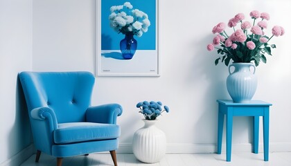 Armchair and porcelain vase with flowers against white wall with a poster
