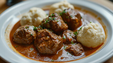Authentic czech beef goulash served with bread dumplings and sprinkled with fresh parsley on a white plate
