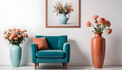 Armchair and porcelain vase with flowers against white wall with a poster