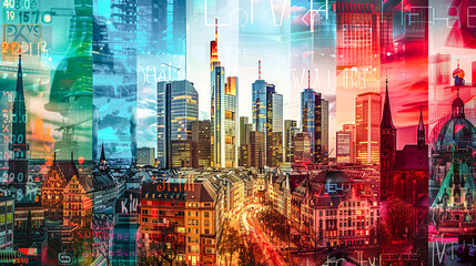 Obraz premium Vibrant Urban Tapestry A Fusion of Architectural Styles and Modern Skyscrapers Overlooking a Dynamic City River Scene Wallpaper Digital Art Poster Brainstorming Map Magazine Background Cover