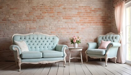 Armchair and sofa on a brick wall
