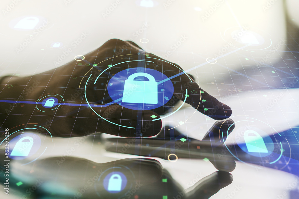 Poster creative lock sketch with chip hologram and hand working with a digital tablet on background, protec
