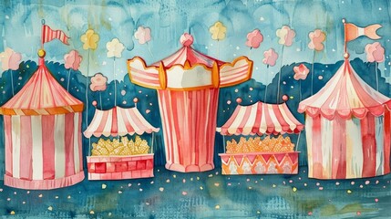 A beautiful watercolor painting of a carnival at night