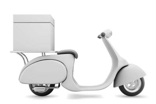 Online food order delivery on mobile illustration with scooter. E-commerce concept. Online package ordering infographic. Fast parcel delivery on a scooter to a mobile phone. Delivery design mockup.