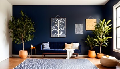 Ascetic interior with blue wall, poster, pattern rug, citrus tree