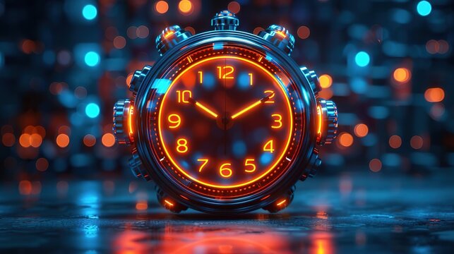 A futuristic clock with glowing orange numbers against a dark background with blue and orange bokeh.