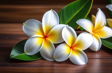 Woody background with spa stones and frangipani flower