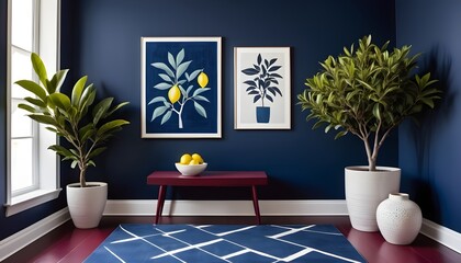 Ascetic interior with blue wall, poster, pattern rug, citrus tree