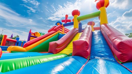 colorful inflatable bouncy castle with slide on sunny day at playground 12