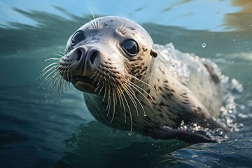 Fototapeta premium Close-up of an adorable seal peeking above water, with sparkling bubbles around
