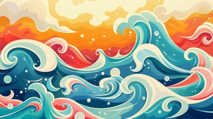 colorful ocean waves in whimsical cartoon style illustrated by vita