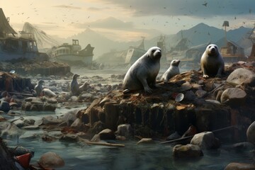 Serene scene with seals on coastal rocks during a beautiful sunset, with a quaint village backdrop