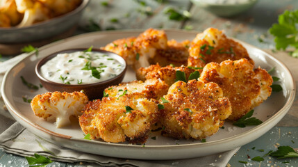 Tasty breaded cauliflower with fresh herb dip, a beloved dish in czech cuisine, served on a plate