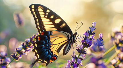 Butterfly on Bright Flowers, Vivid Summer Scene with Purple, Yellow, and Orange Blooms, Nature Close-Up