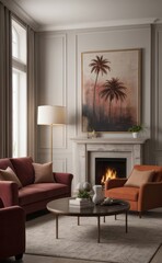 Sophisticated professional photograph of a burgundy and rose gold luxury living room interior with abstract art and indoor palm trees