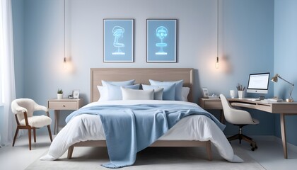 Bed and modern desk and chair in white and beige room