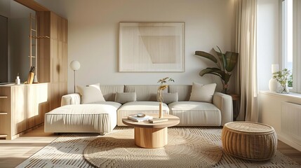 cozy modern living room interior with natural wooden furniture home design 3d rendering mock up