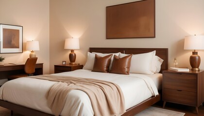 Bed and modern desk and chair in white and beige room