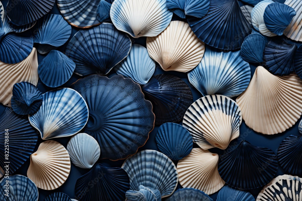 Poster top view of diverse sea shells arranged on a dark surface, showcasing patterns and colors