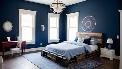 Bedroom with decorative lamps, pallet bed and dot wall