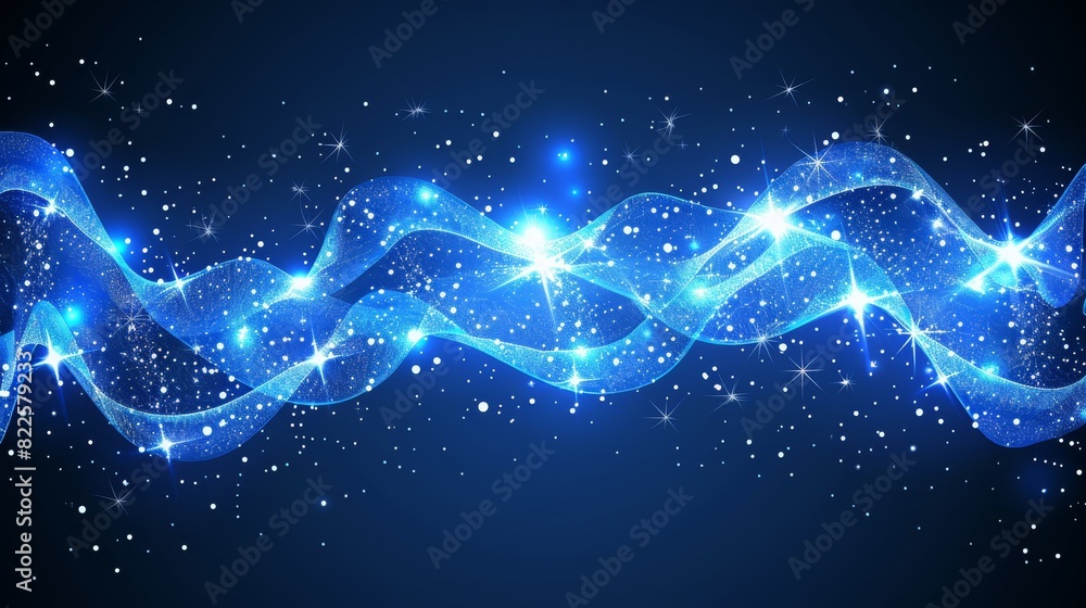 Wall mural  A blue abstract background with stars and a wave of light overlaid on a darker blue backdrop, studded with additional sparkles