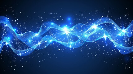  A blue abstract background with stars and a wave of light overlaid on a darker blue backdrop, studded with additional sparkles