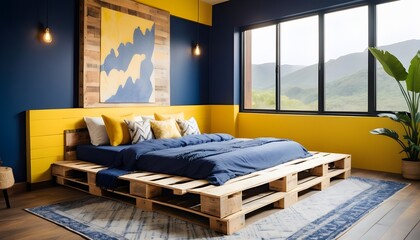 Bedroom with wooden pallet bed, carpet and window