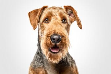 airder terrier in a studio setting against a white backdrop, showcasing their playful and charming personalities in a professional photoshoot.