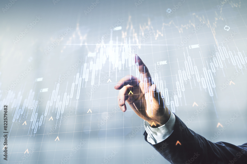 Poster multi exposure of trader hand presses on virtual abstract financial chart and world map on blurred o