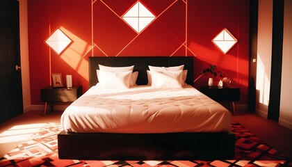 Black and white bedroom with double bed and geometric decorations
