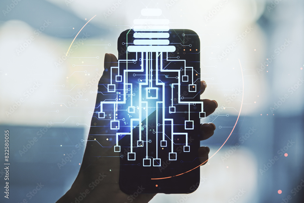 Fototapete creative idea concept with light bulb and microcircuit illustration and hand with phone on backgroun