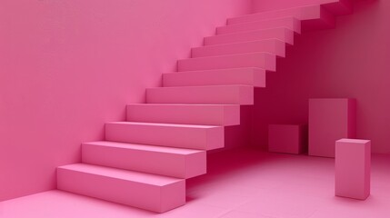  A pink room features stairs centrally placed, and a box sits on the right side of the stairs against a pink wall