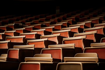 Fototapeta premium Rows of empty red theater seats creating a pattern in the dark auditorium. Providing a quiet and comfortable seating arrangement for the crowdless venue