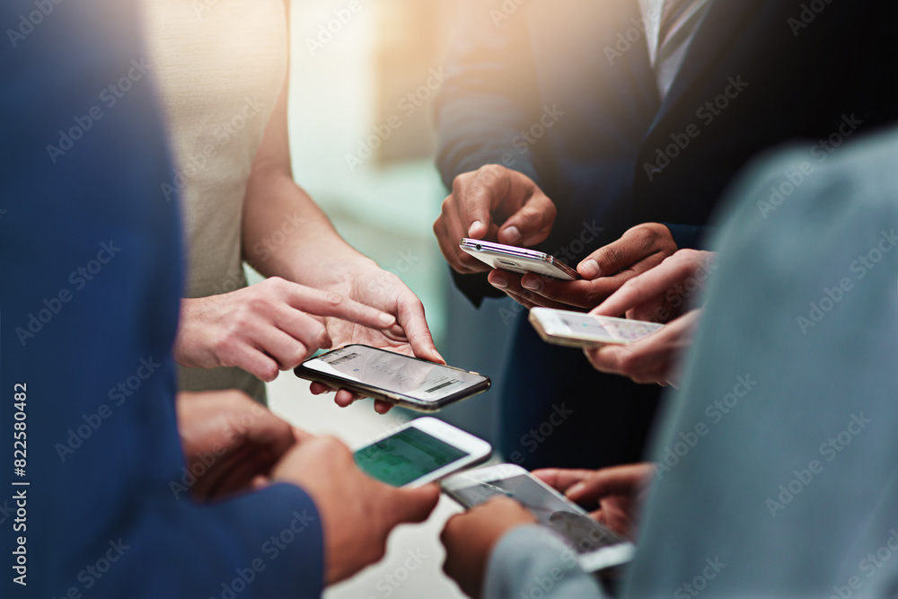 Poster business people, group and hands with cellphone or networking connection, signal or teamwork. collea