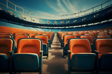 Rows of spacious stadium seats in an outdoor arena, under the clear blue sky, await the anticipation of spectators for an athletic competition or concert event