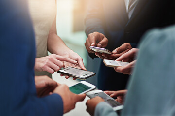 Business people, group and hands with cellphone or networking connection, signal or teamwork....