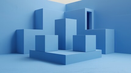  A collection of blue cubes rests atop a blue floor Behind them lies a blue wall One cube emits light from above