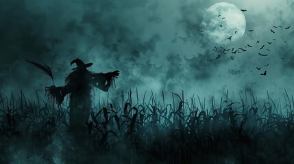 eerie scarecrow silhouette in moonlit cornfield spooky halloween horror scene misty atmospheric night digital art