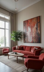 Fototapeta premium Sophisticated professional photograph of a burgundy and rose gold luxury living room interior with abstract art and indoor palm trees