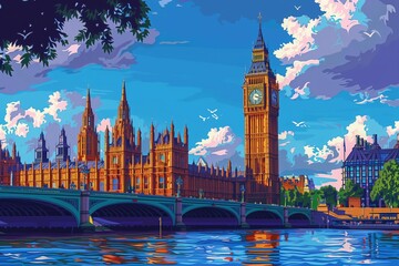 Daytime vector illustration of Big Ben and the Houses of Parliament under clear blue skies