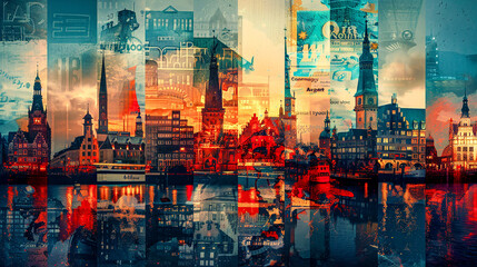 Vibrant Urban Tapestry A Fusion of Architectural Styles and Modern Skyscrapers Overlooking a Dynamic City River Scene Wallpaper Digital Art Poster Brainstorming Map Magazine Background Cover