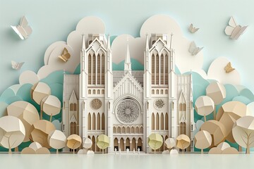 A tranquil representation of York Minster in a blue-toned paper cutout style, evoking peace and calm through its minimalist artistic approach.