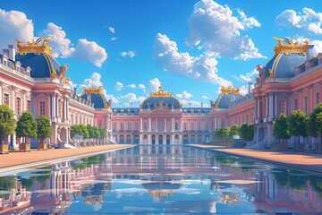 A vector illustration capturing the grandeur and symmetry of the Palace of Versailles with its mirrored reflection under a sunny sky. AI Generated.