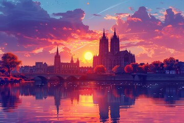 Dramatic vector illustration showcasing York Minster against a backdrop of fiery sunset skies, casting a warm glow over the cityscape.