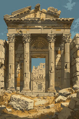 A stately entrance framed by classical ruins invites exploration, immortalized in this AI Generated vector illustration of ancient marvels.